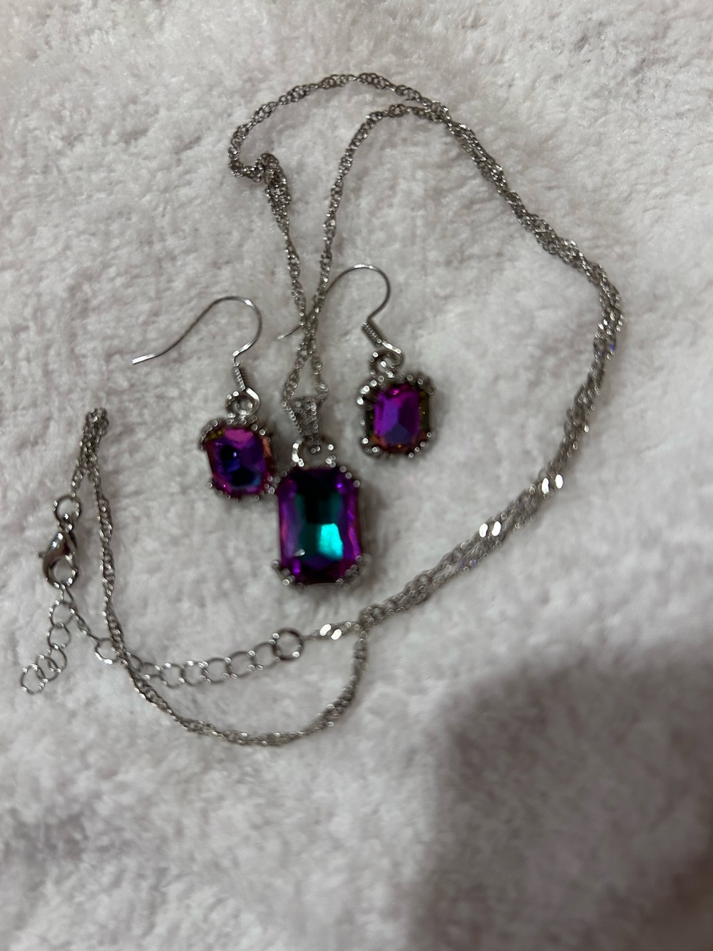 Mystic Topaz Necklace and Earring Set with silver tone necklace.